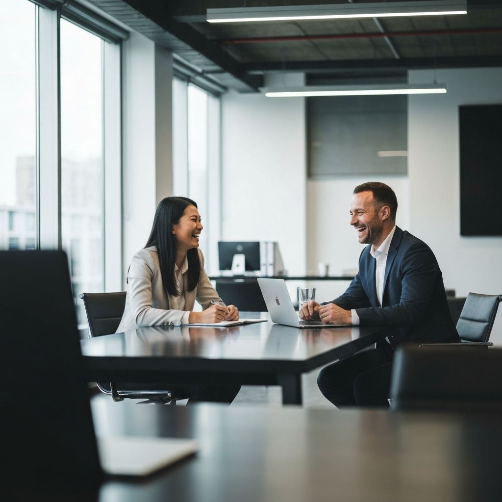 Business professionals in suits meeting and smiling